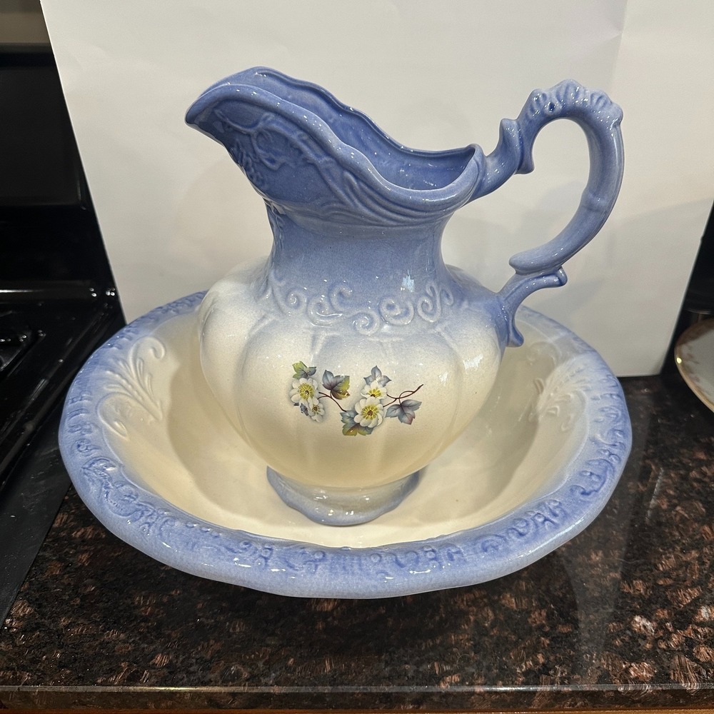 VINTAGE Blue White Ombre Ceramic Pitcher Basin Set Floral Wash Bowl Dry sink